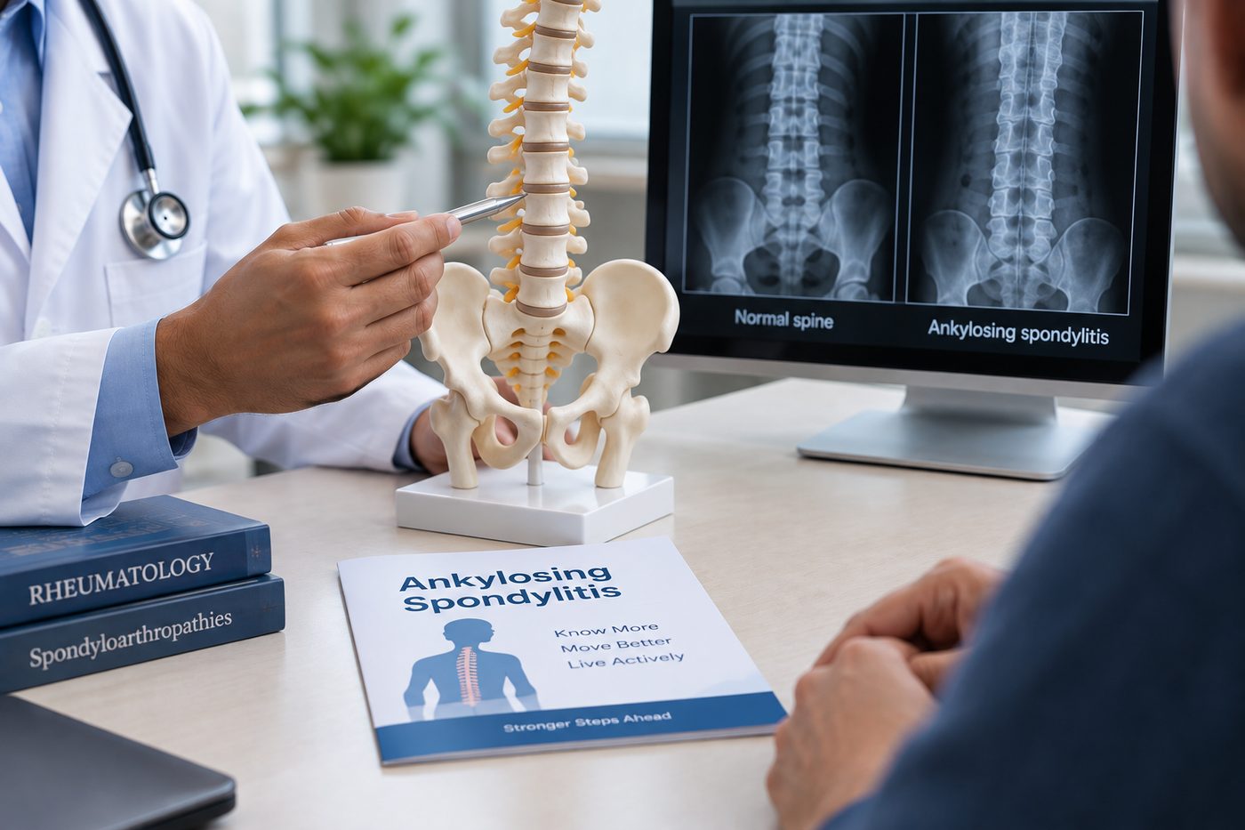 Illustration of ankylosing spondylitis — spine and pelvis model with an X-ray comparison of a normal spine and one affected by AS