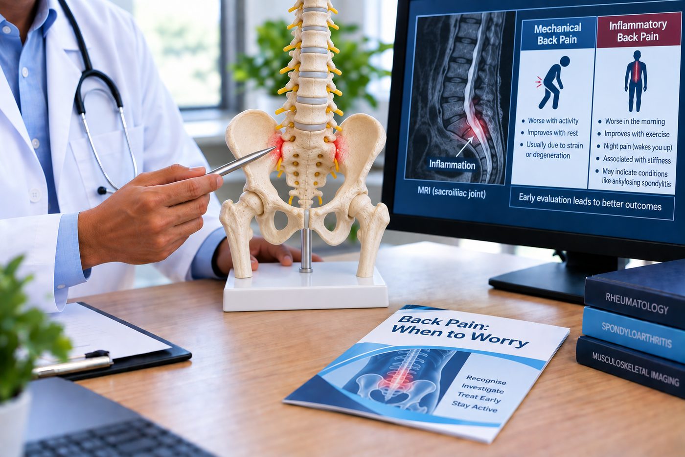 Illustration of inflammatory back pain — the spine and sacroiliac joints with inflammation shown on an MRI