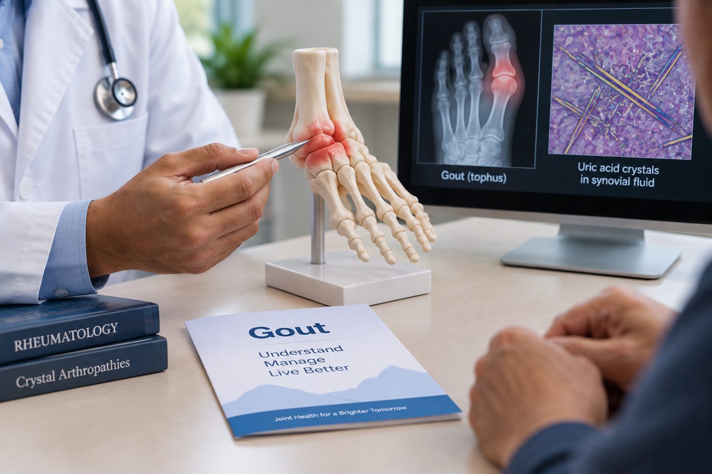 Illustration of gout — foot joint model with an X-ray of the big toe and uric acid crystals under the microscope