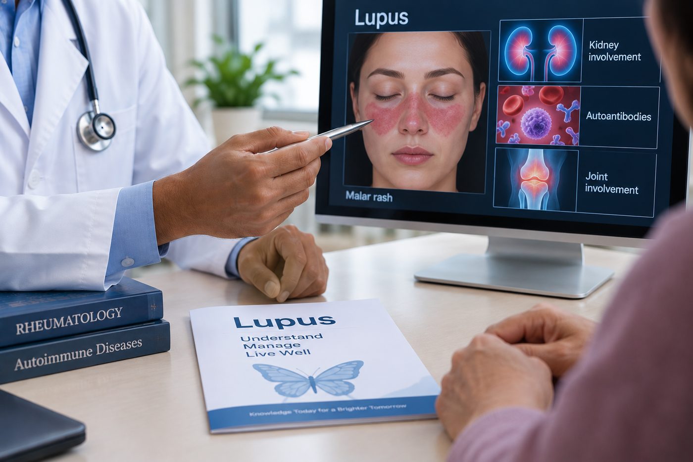 Illustration of lupus (SLE) — showing the malar facial rash, autoantibodies, and kidney and joint involvement