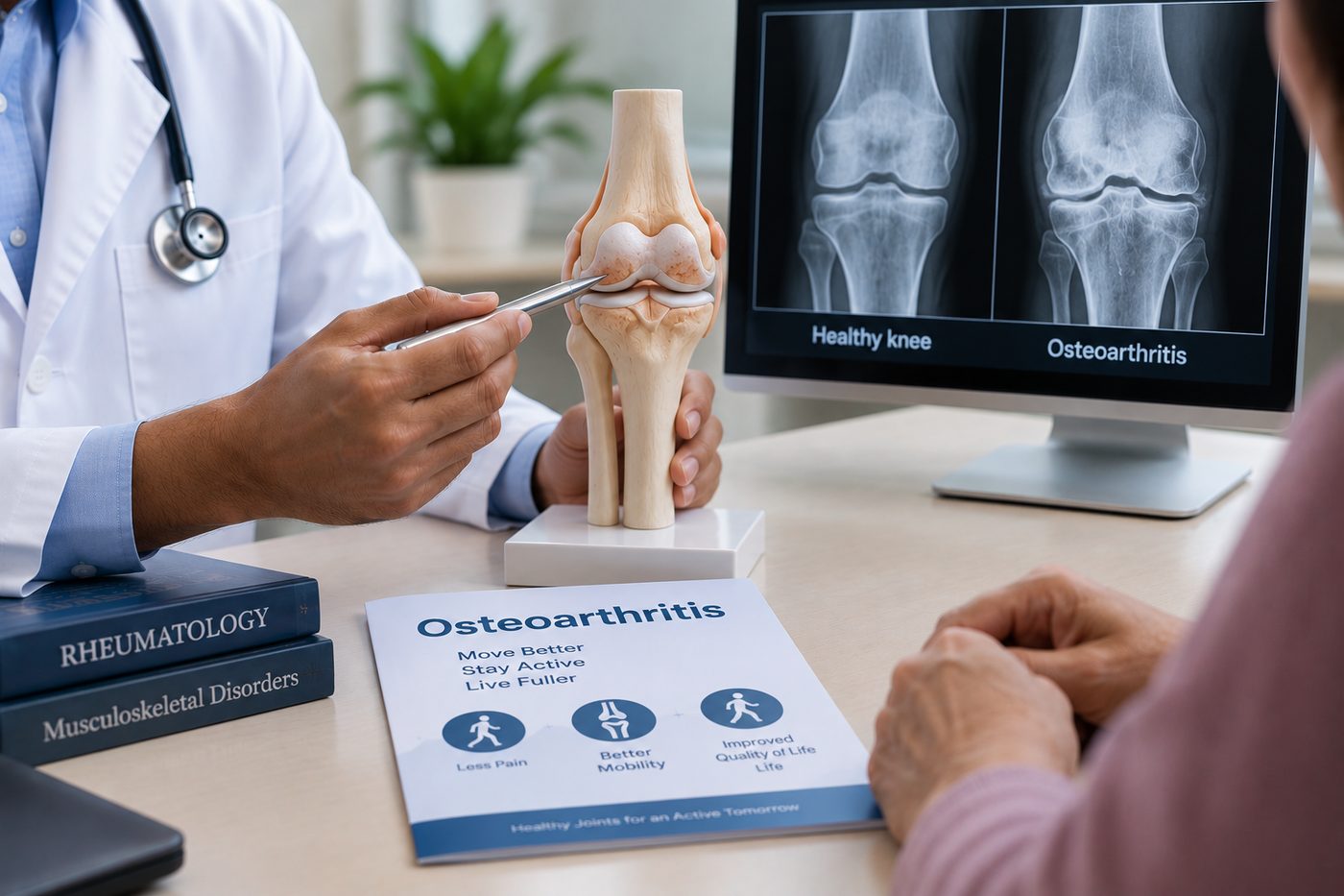 Illustration of osteoarthritis — knee joint model with an X-ray comparison of a healthy knee and a knee affected by osteoarthritis