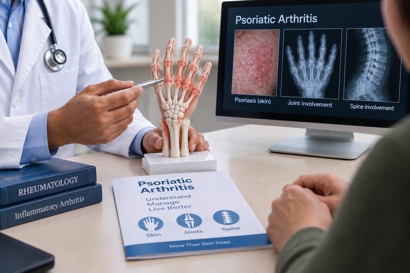 Illustration of psoriatic arthritis — hand joint model with images of psoriasis skin, joint involvement and spine involvement