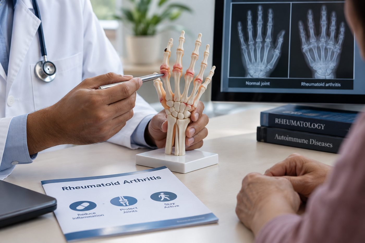 Illustration of rheumatoid arthritis — inflamed hand joints with an X-ray comparison of a healthy joint and a joint affected by RA
