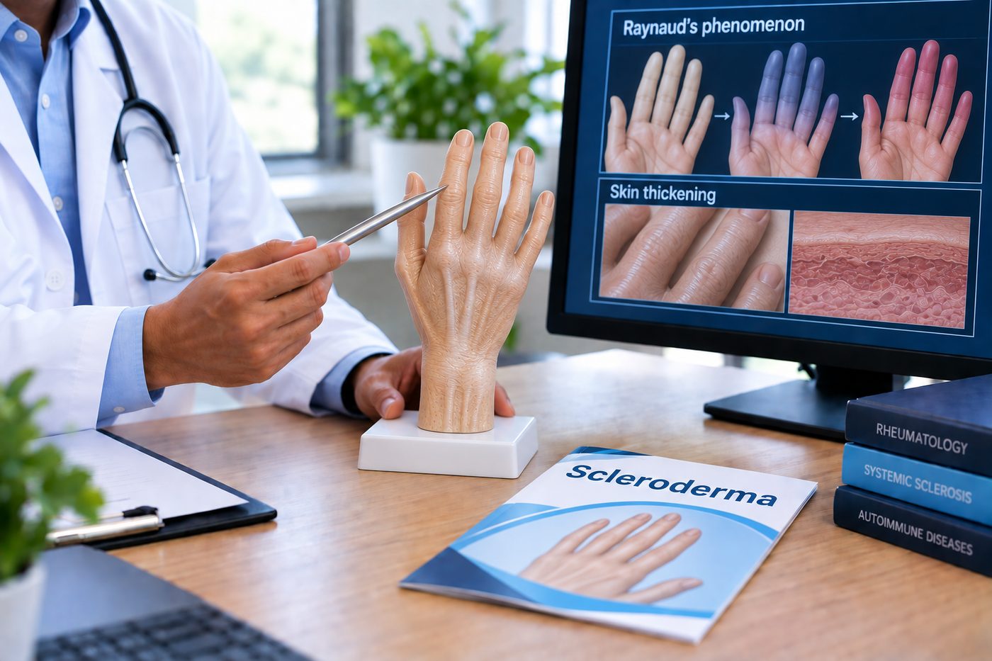 Illustration of scleroderma — Raynaud's colour changes in the fingers and thickened, tightened skin of the hands