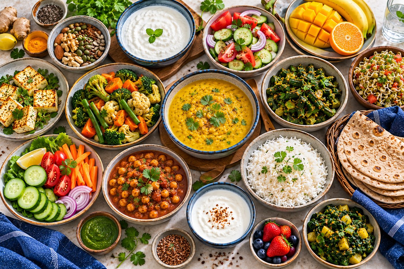 Overhead photo of an abundant spread of home-cooked Indian food — dal, vegetables, rotis, rice, curd, paneer, salad, fruit, nuts and sprouts