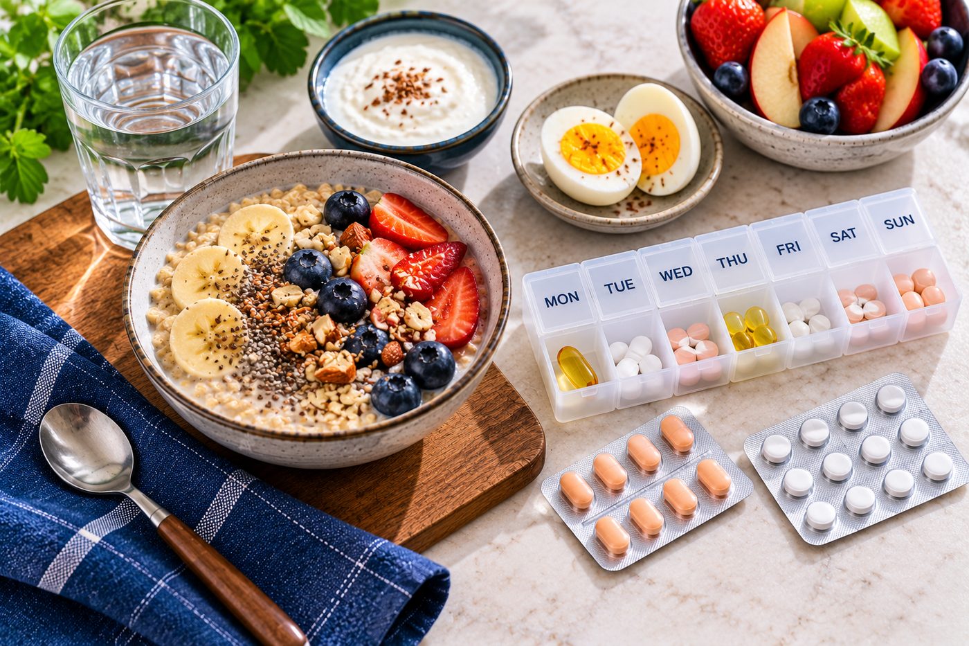 Overhead photo of a weekly pill organiser and tablets beside a healthy breakfast of oats, fruit, curd, egg and water