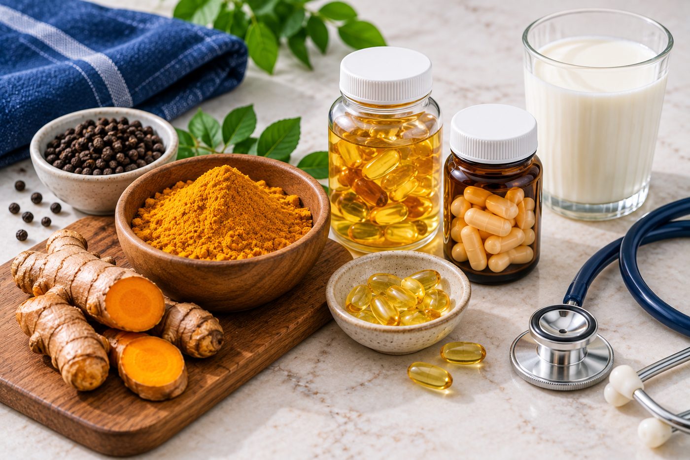 Overhead photo of turmeric root and powder, black pepper, fish oil and vitamin D capsules, a glass of milk and a stethoscope