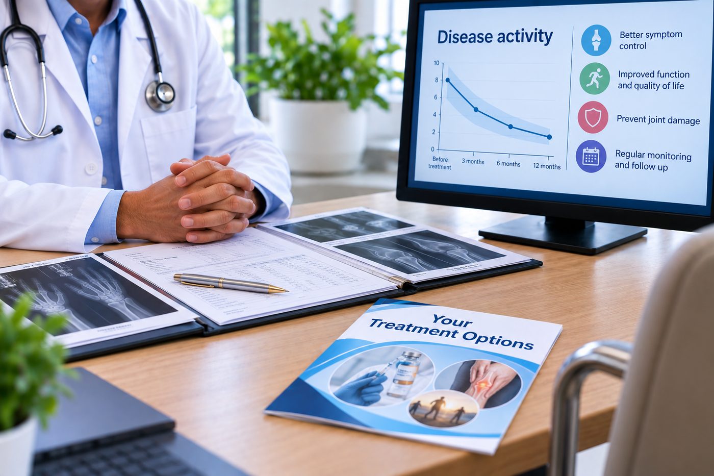 Illustration of a treatment review — patient reports and X-rays on a desk with a disease-activity chart showing improvement over months