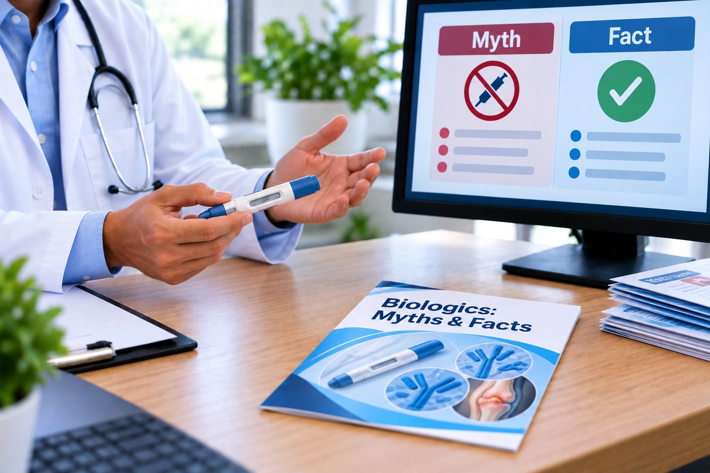 Illustration of biologics myths versus facts — a pre-filled injection pen with a myth-and-fact comparison chart