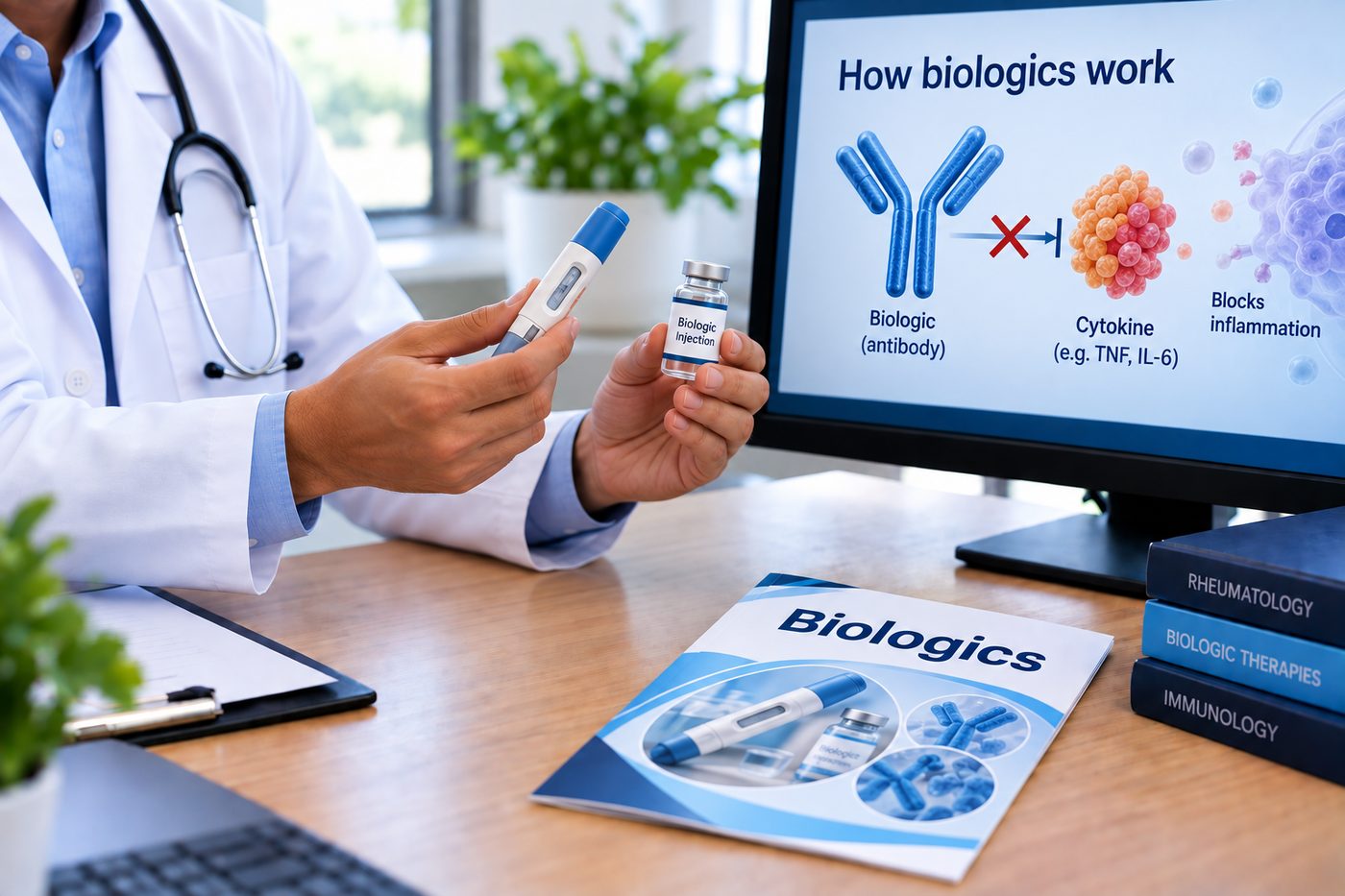 Illustration of how biologics work — a pre-filled injection pen and a diagram of an antibody blocking an inflammatory cytokine