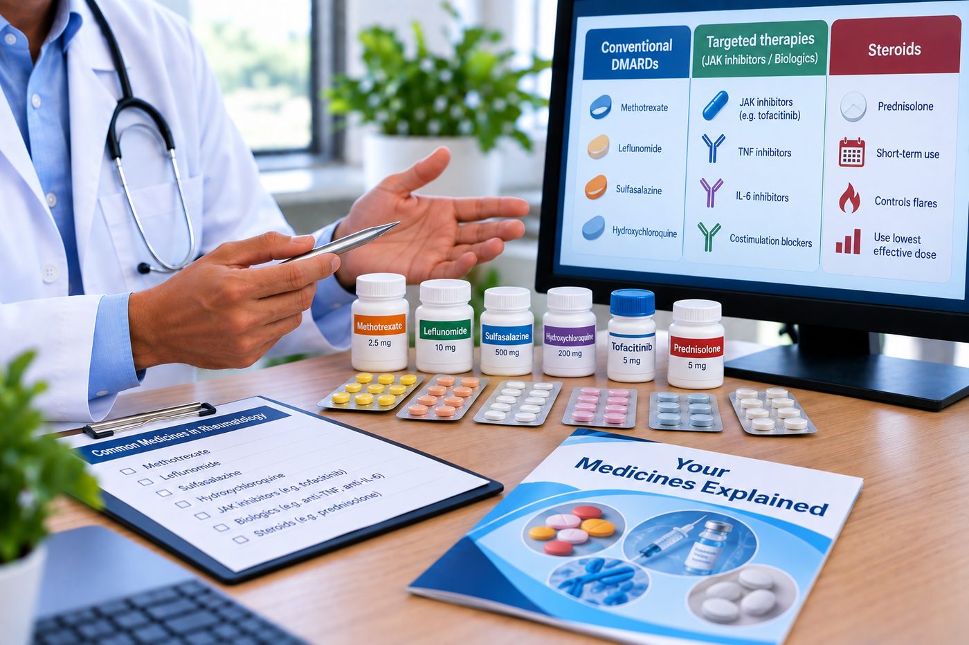 Illustration of rheumatology medicines — conventional DMARDs, targeted therapies and steroids arranged with a grouped chart