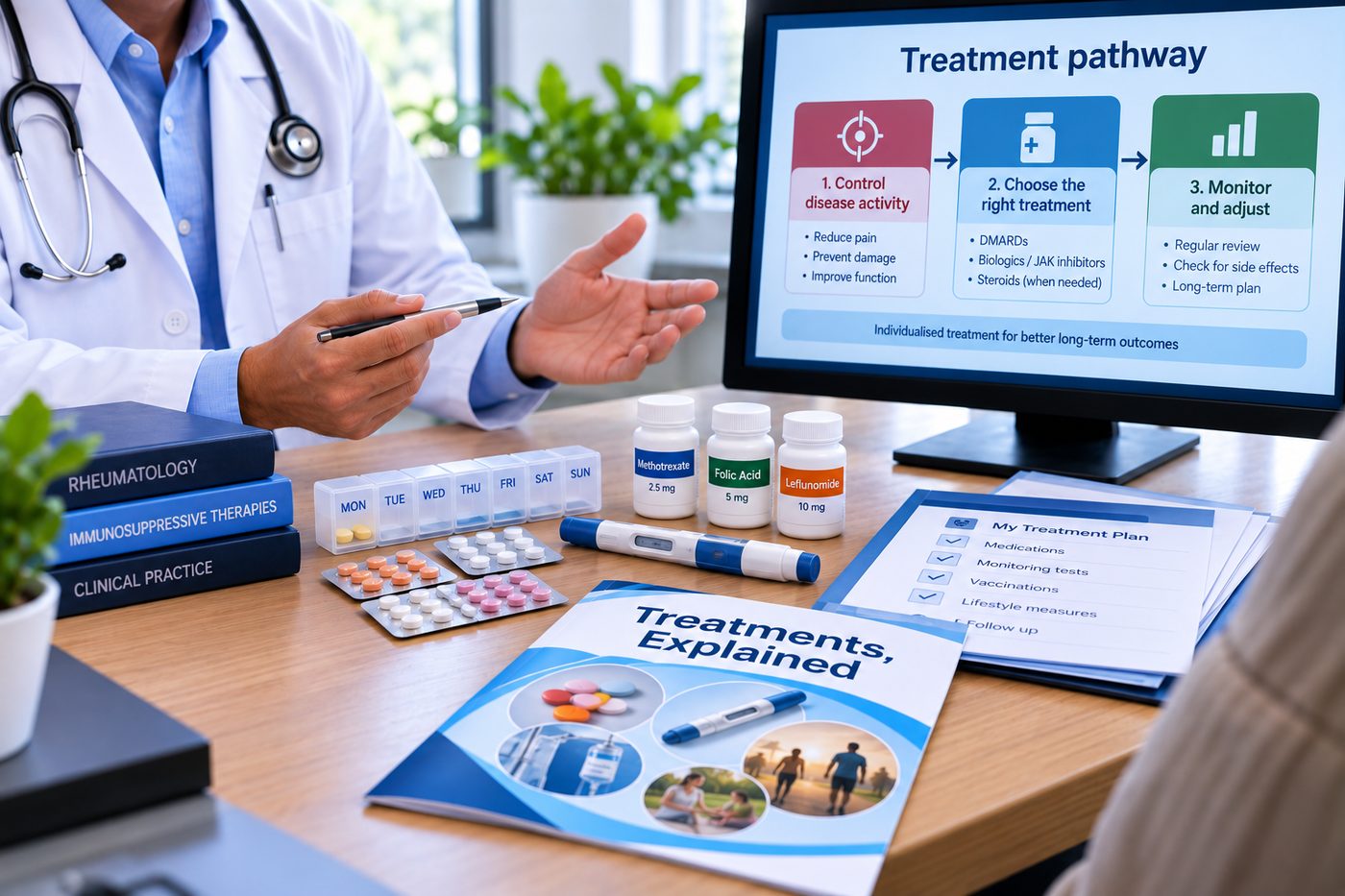 Illustration of a treatment pathway — controlling disease activity, choosing treatment, and monitoring, with medicines on a desk